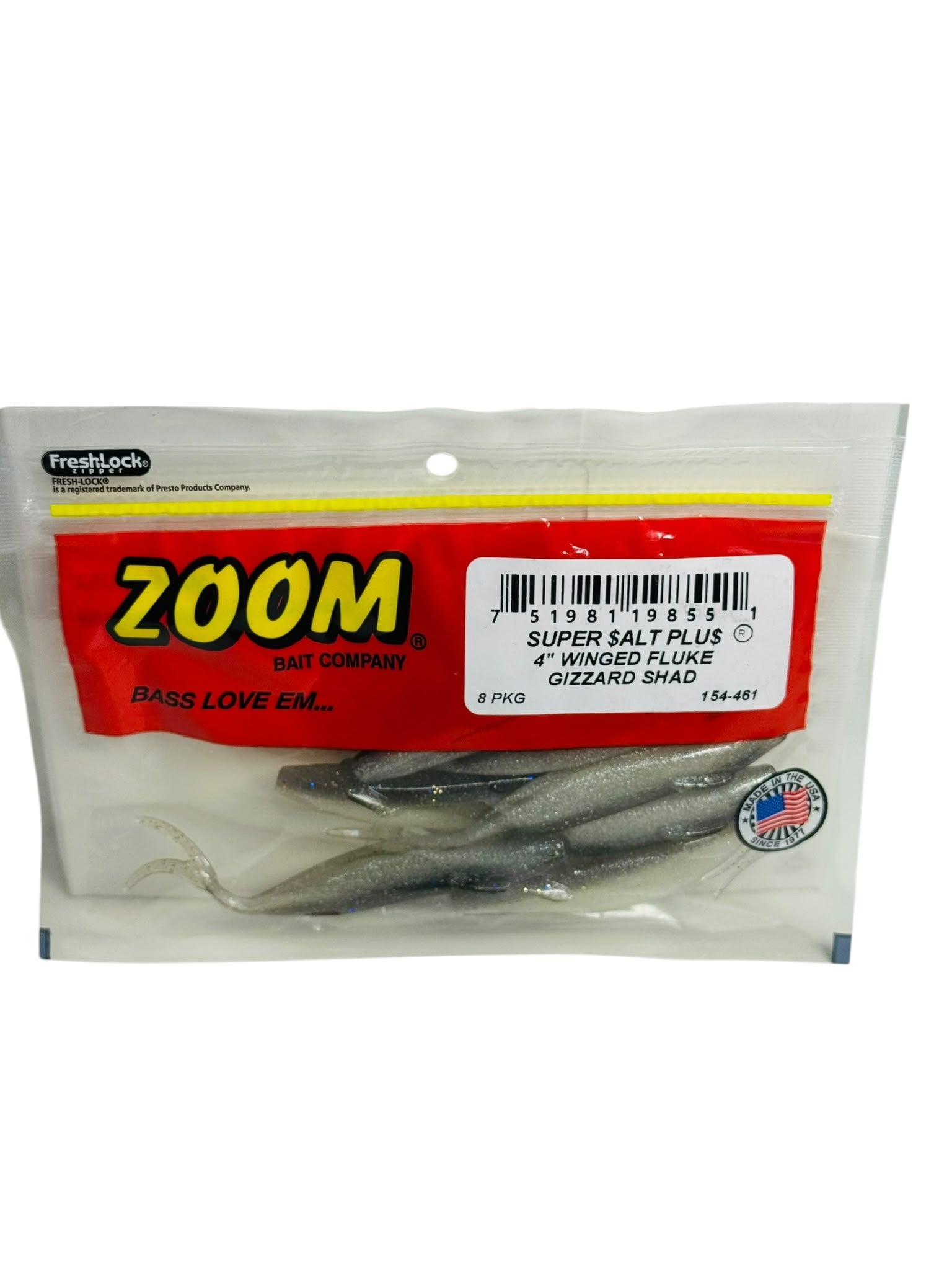 Package of Zoom Super Salt Plus 4-inch Winged Fluke Gizzard Shad fishing baits