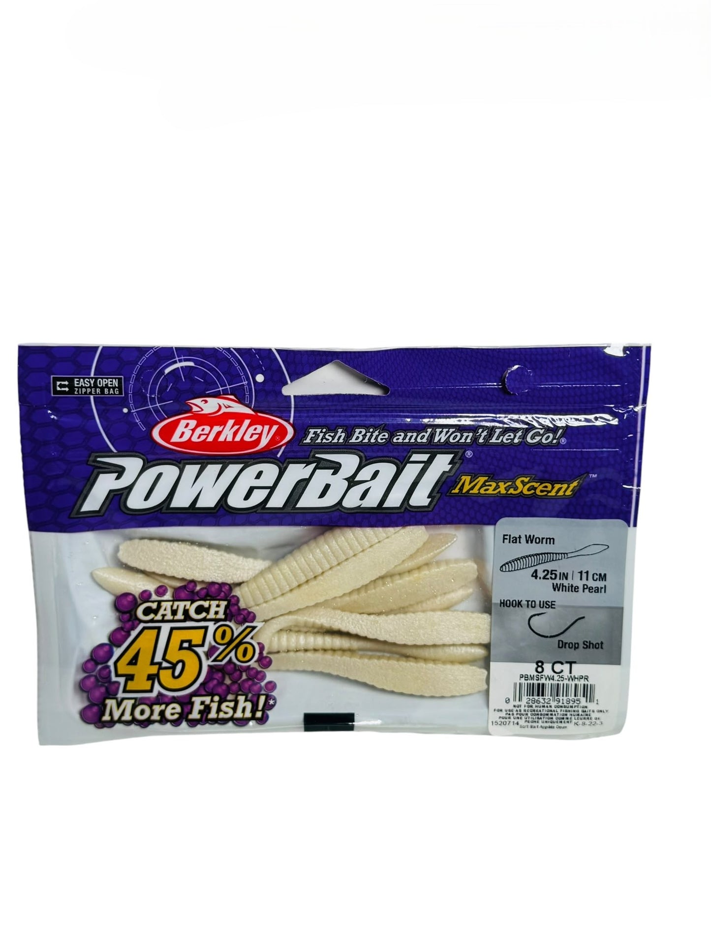 Berkley PowerBait MaxScent Flat Worms in white pearl packaging