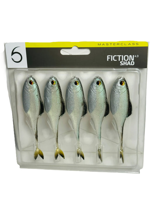 Pack of five lifelike Fiction Shad soft fishing lures in clear packaging