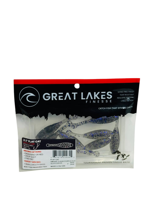 Pack of Great Lakes Finesse Flat Cat soft plastic fishing lures in smoke clear purple flake