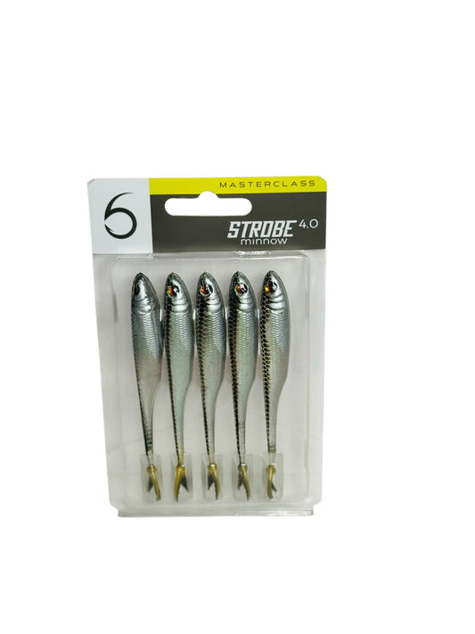 Five Strobe Minnow 4.0 soft fishing lures in clear retail packaging