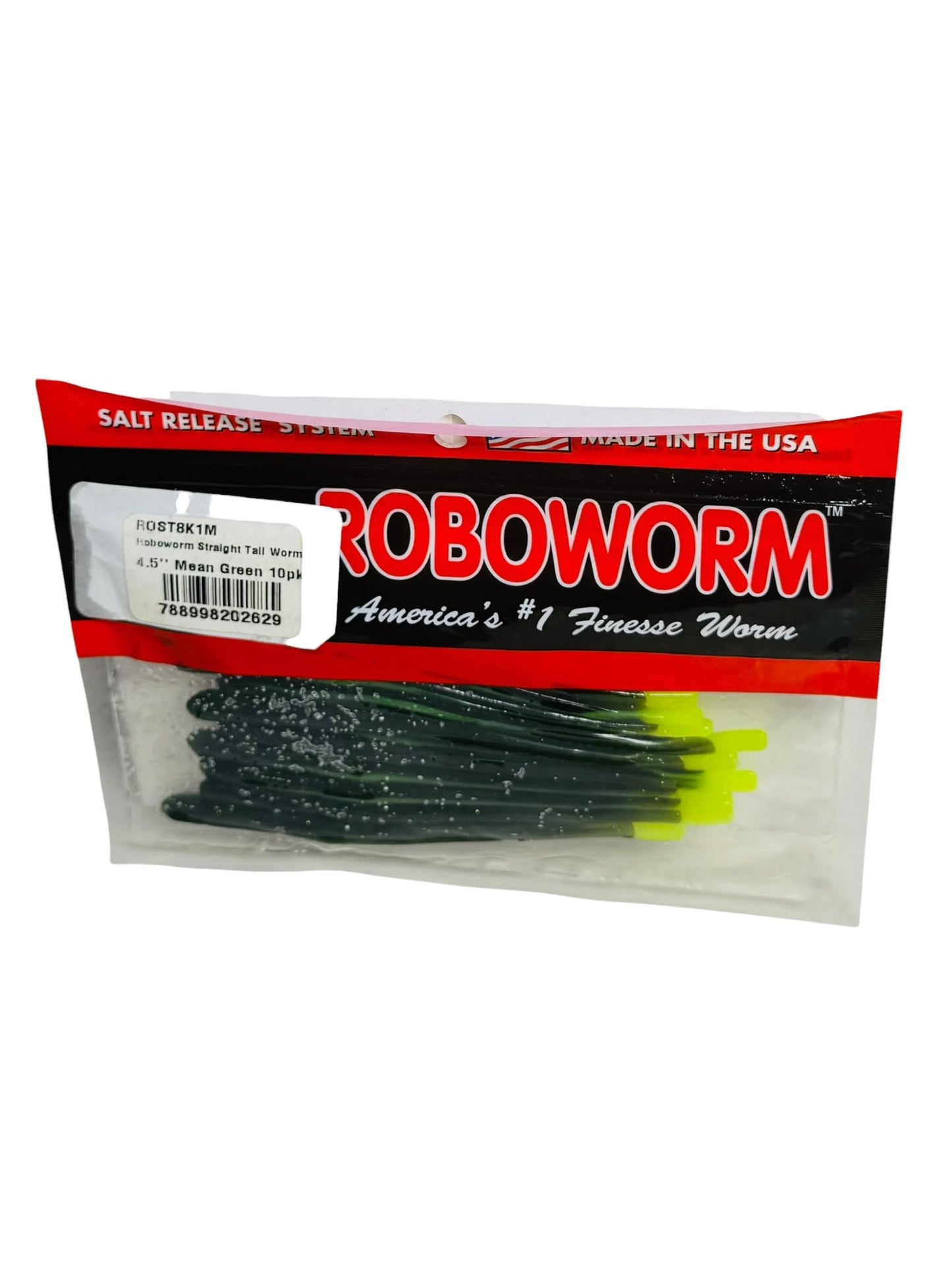 Package of Roboworm Straight Tail Worms in mean green color with chartreuse tails