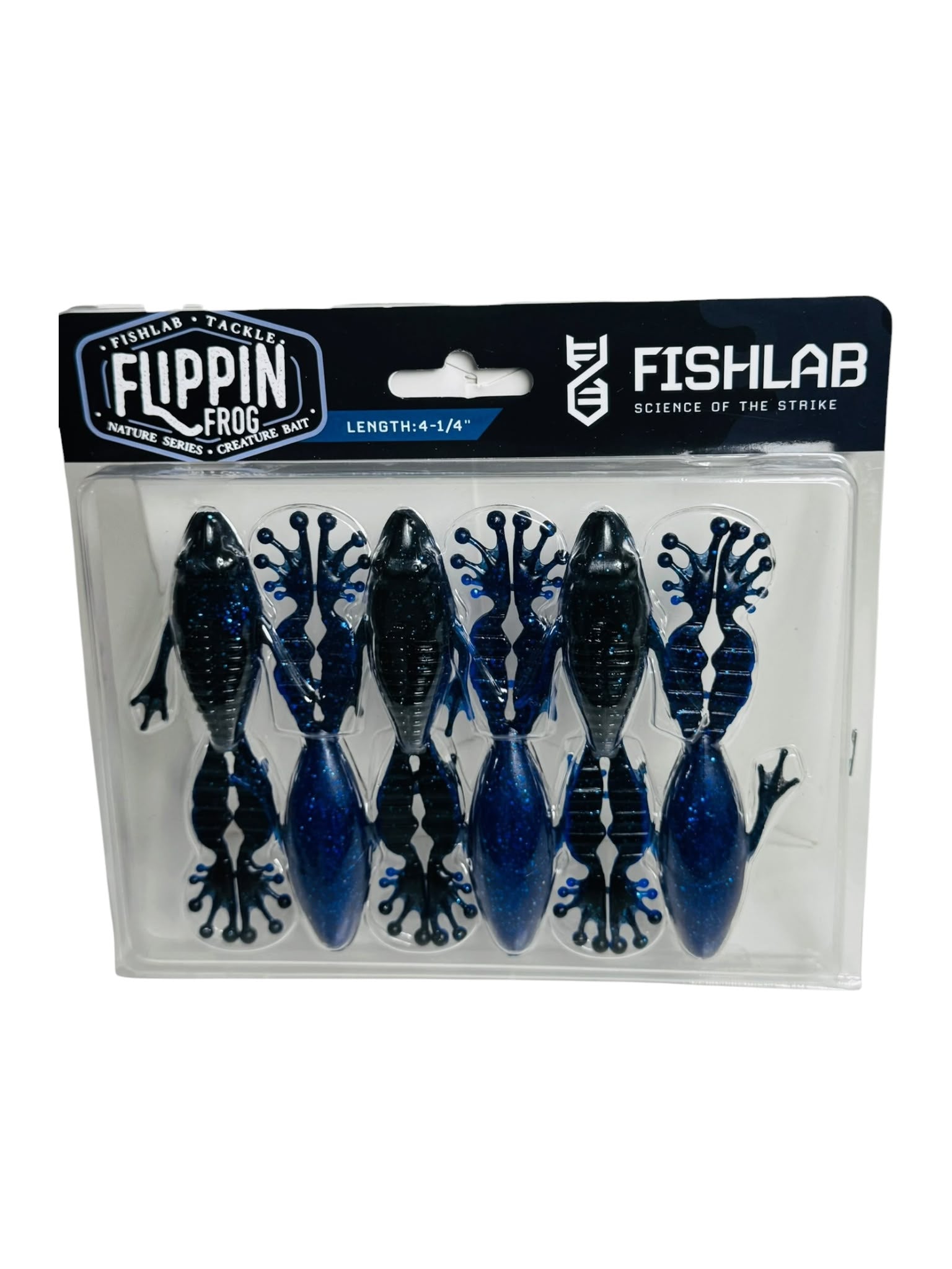 Package of five Fishlab Flippin' Frog black and blue soft bait lures designed to mimic frogs for fishing