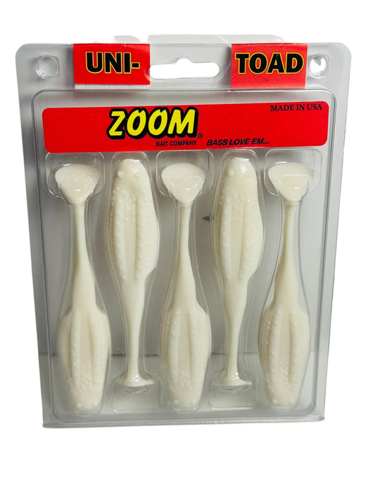 Zoom Uni-Toad soft plastic bait pack with five white lures in retail packaging