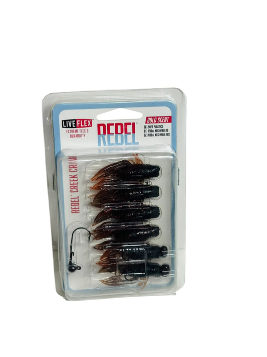 Rebel Creek Craw Fishing Lure Kit in retail packaging featuring soft plastic lures and jig heads