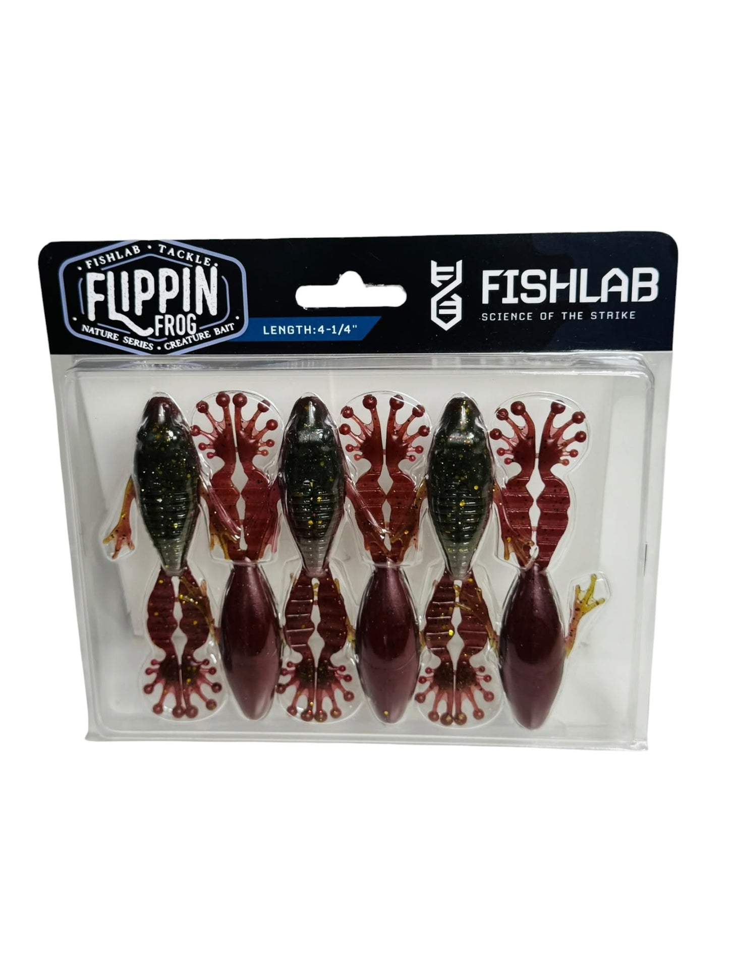 Set of five FishLab Flippin Frog creature bait lures in packaging