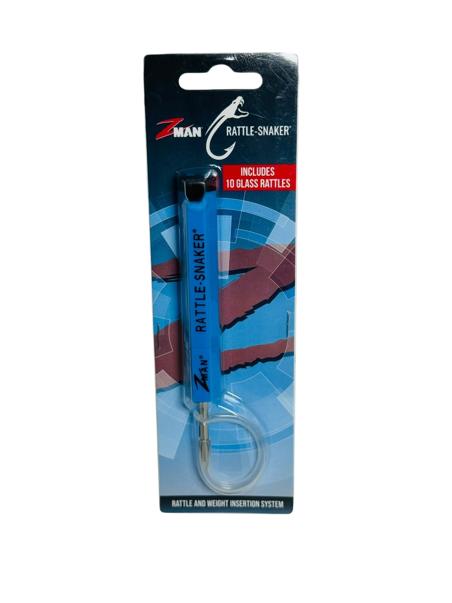 Z-Man Rattle-Snaker rattle and weight insertion system with blue handle and 10 glass rattles in retail packaging
