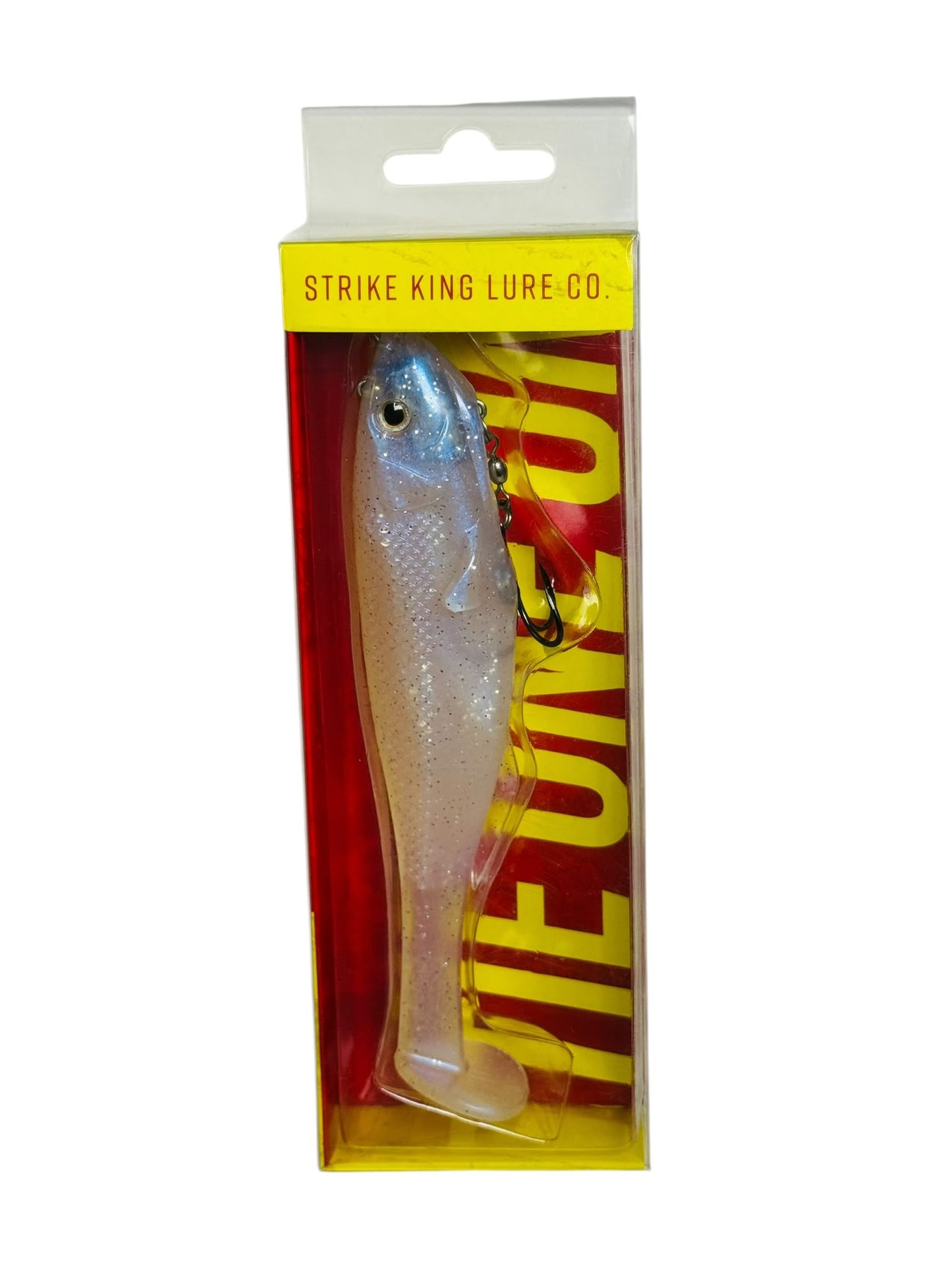 Strike King soft plastic fishing lure in packaging, silvery white color with hook