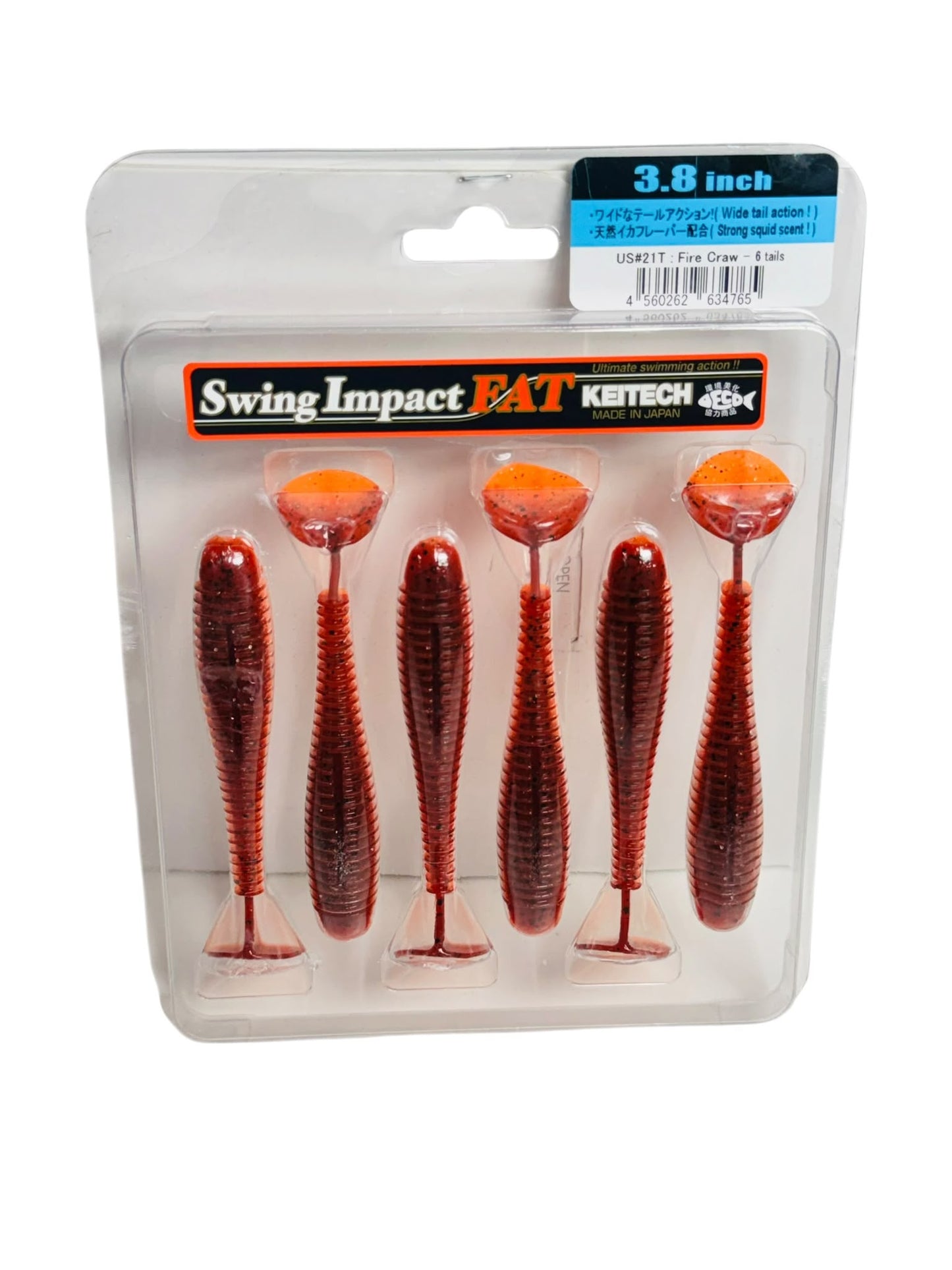 Pack of Keitech Swing Impact FAT 3.8 inch soft fishing lures in red and orange