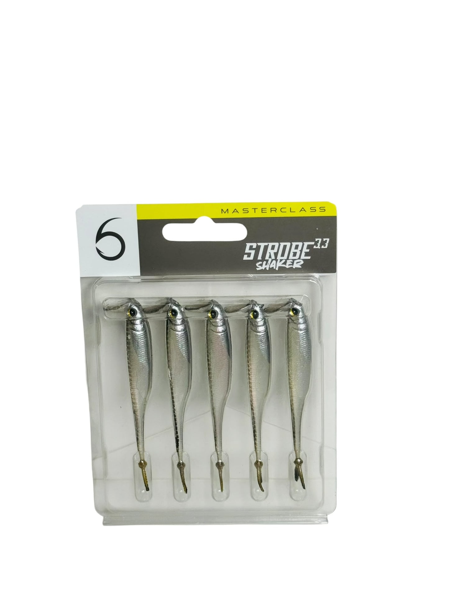 Pack of five silver Strobe Shaker 3.3 fishing lures in clear retail packaging