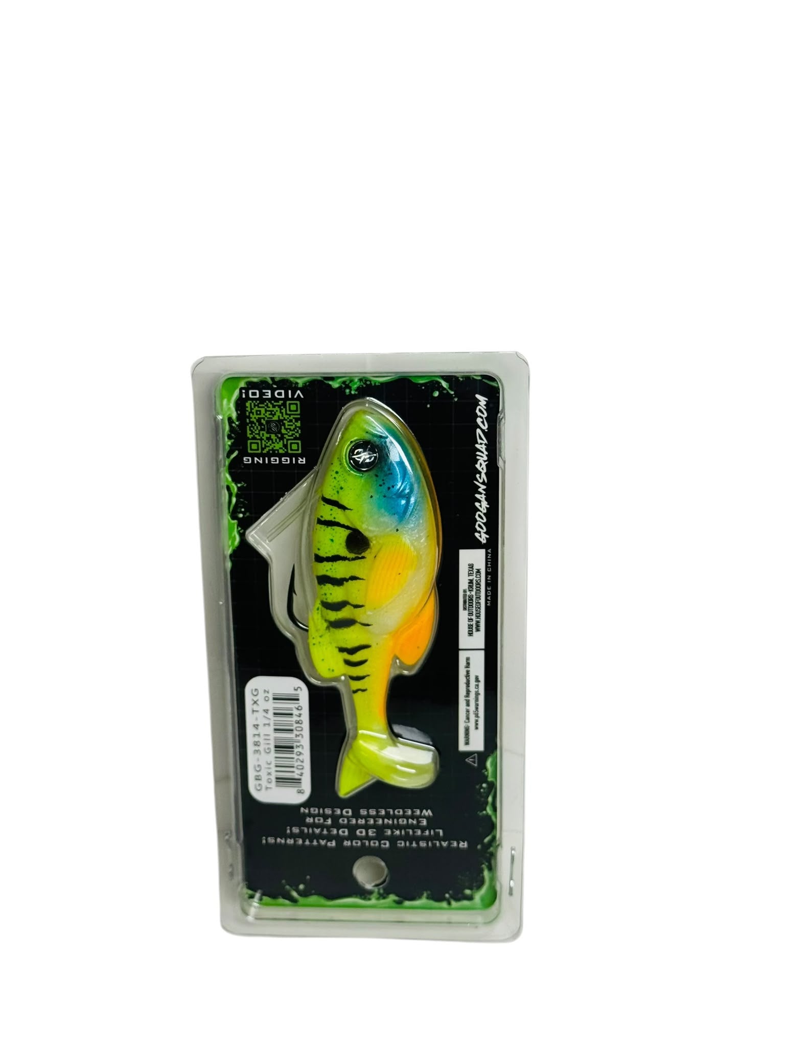Packaged realistic 3D fishing lure with vibrant color pattern