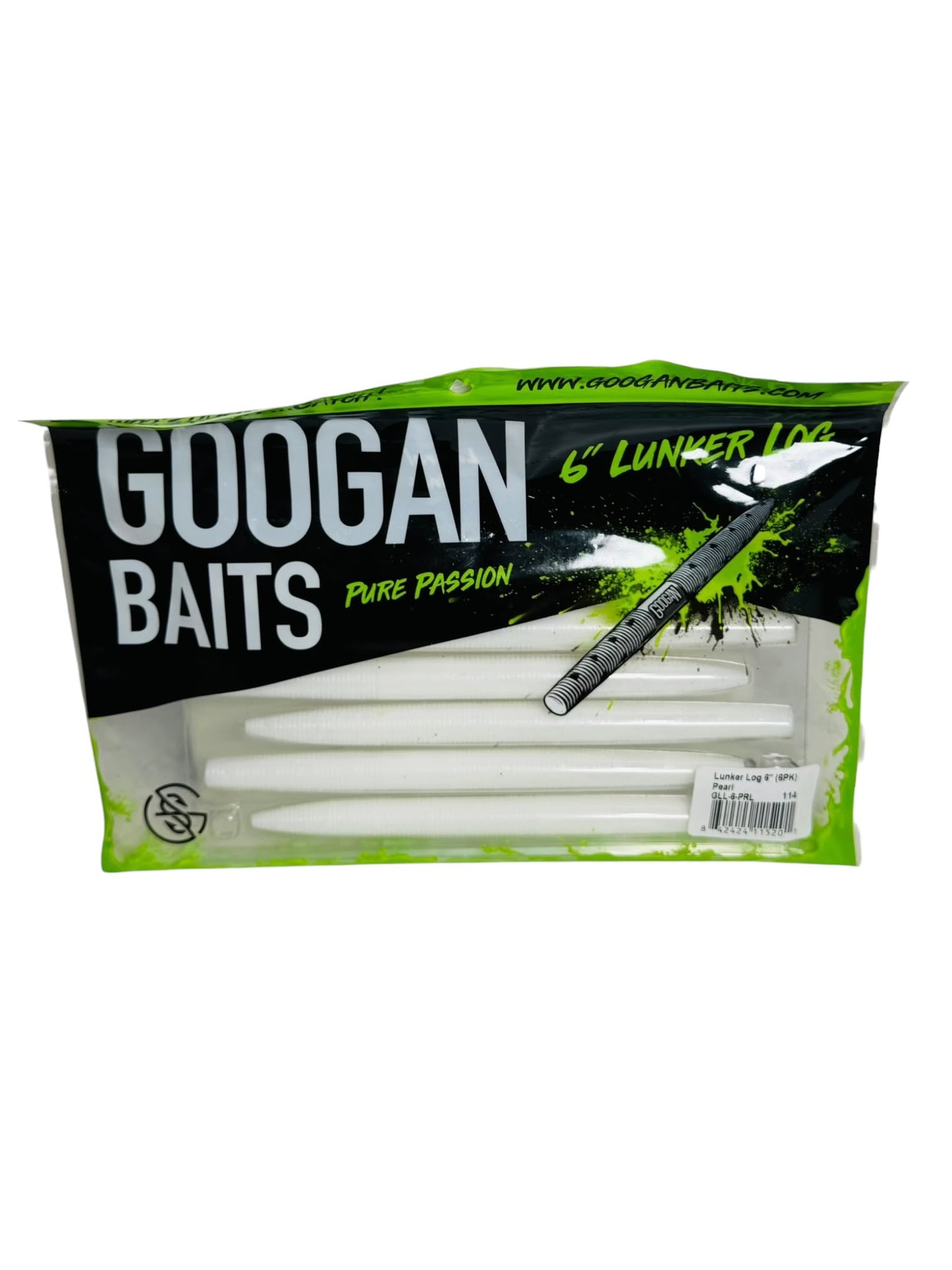 Googan Baits 6 inch Lunker Log Soft Bait package with visible white stickbait lures