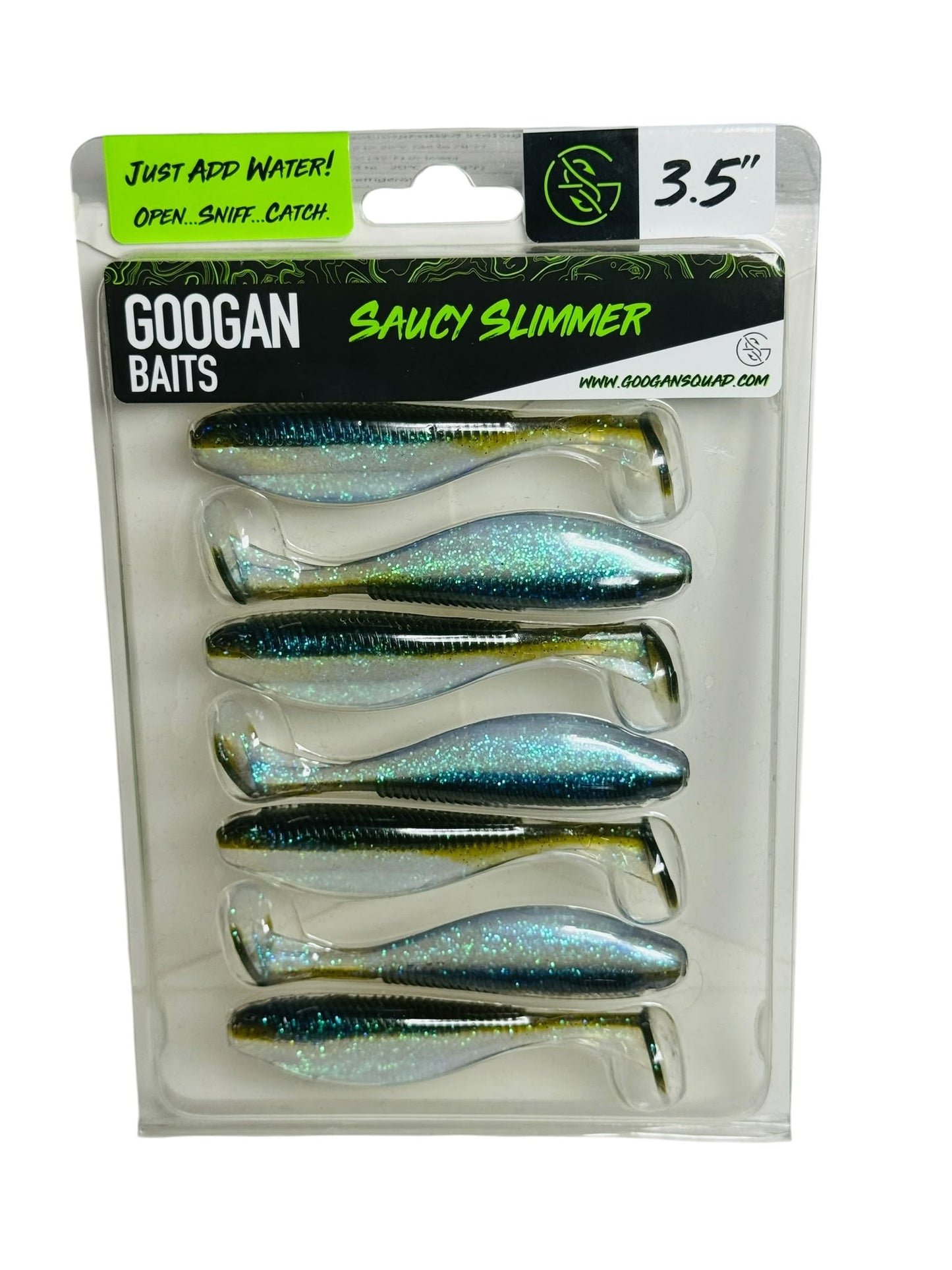 Pack of Googan Baits Saucy Slimmer 3.5 inch swimbaits in shimmering blue and silver