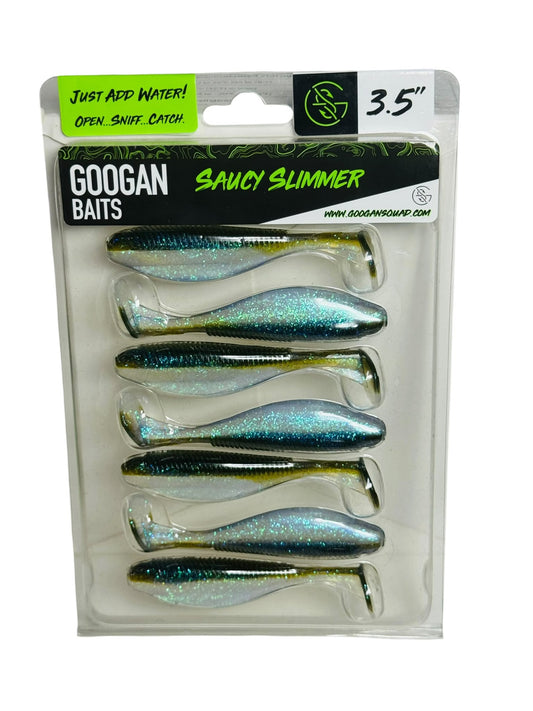 Pack of Googan Baits Saucy Slimmer 3.5 inch swimbaits in shimmering blue and silver