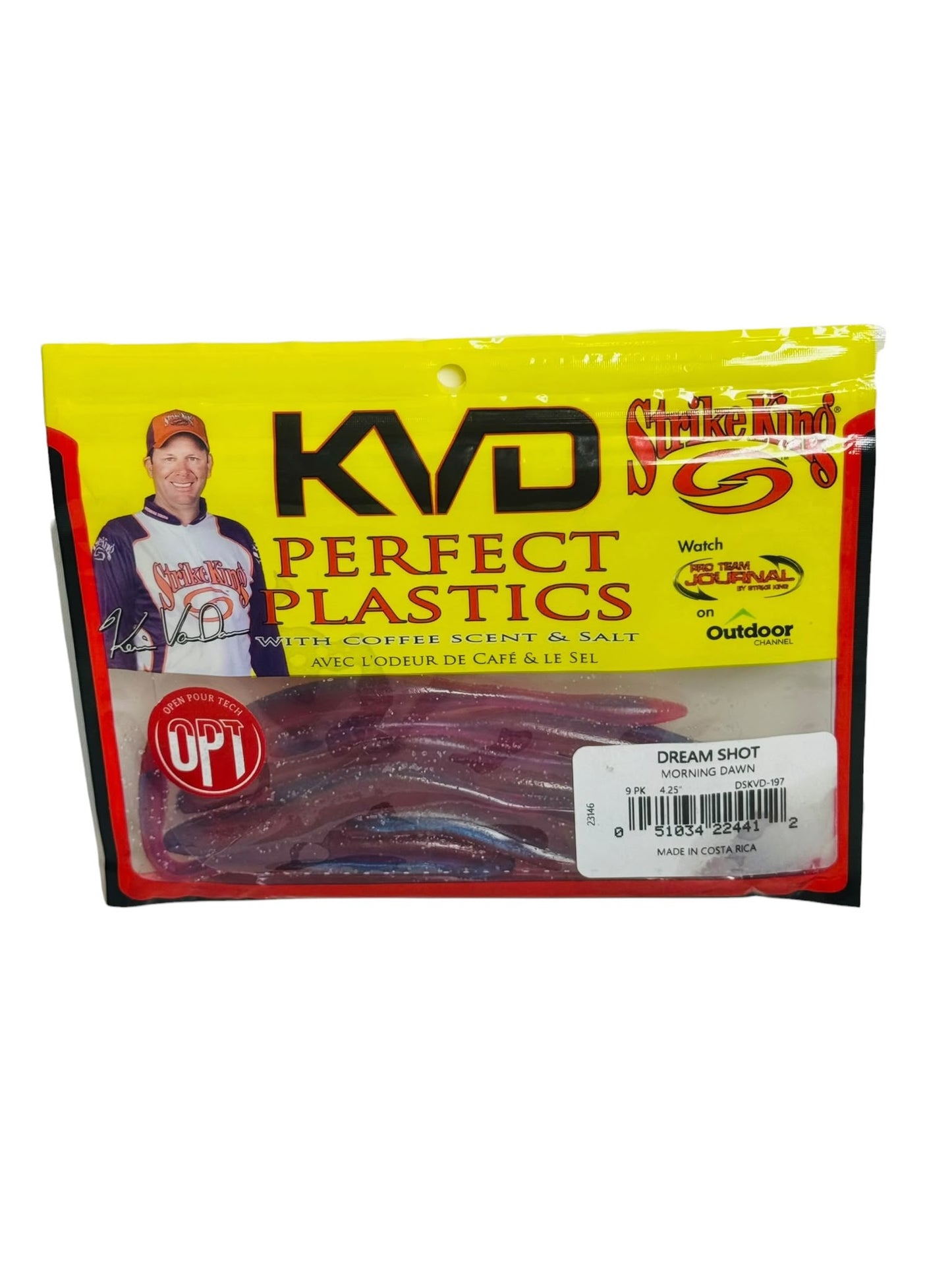 Package of KVD Perfect Plastics Dream Shot soft plastic fishing baits with coffee scent and salt