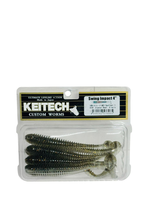 Package of Keitech Swing Impact soft fishing lures with clear, ribbed bodies and glitter accents