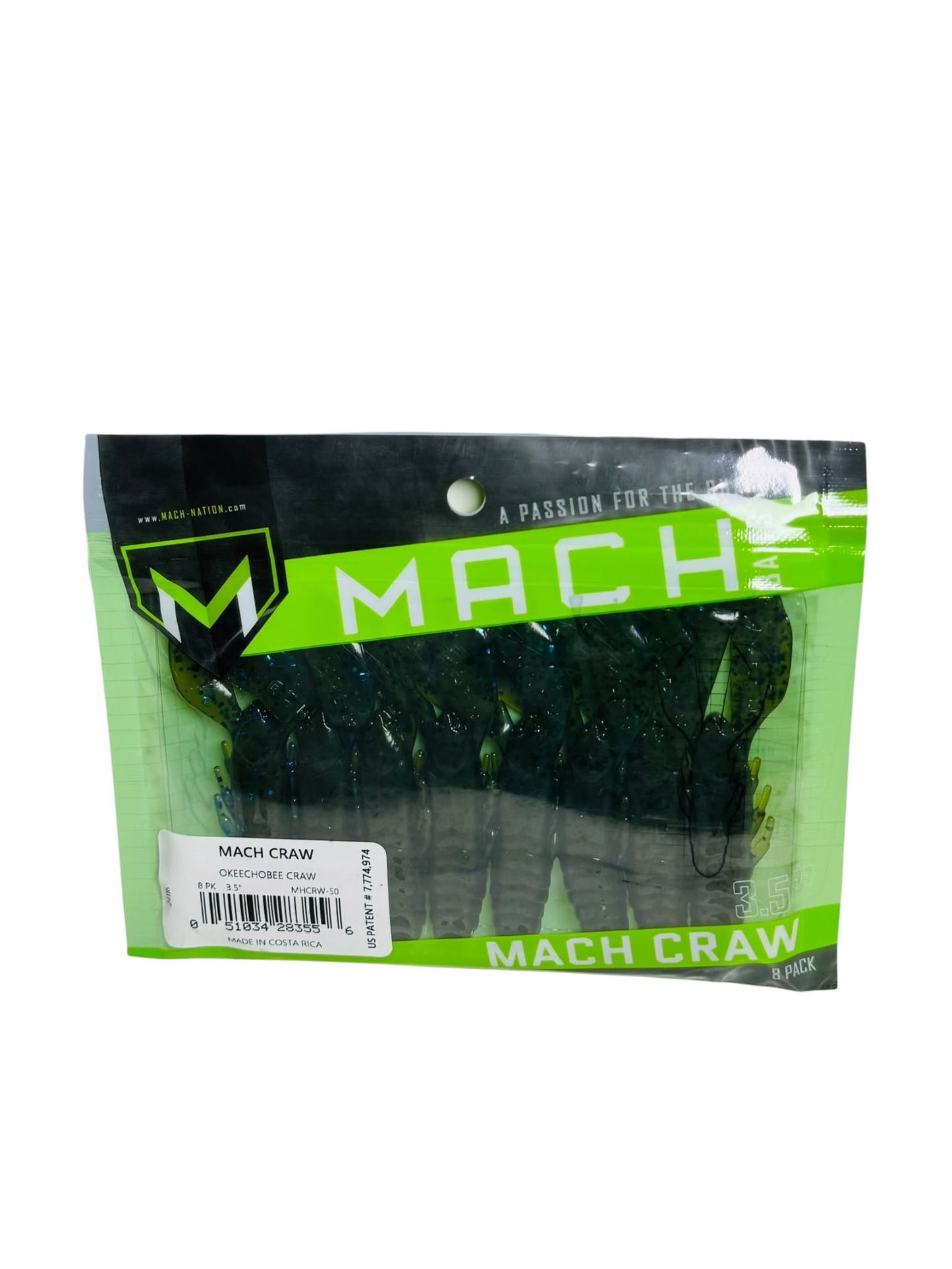 MACH Craw Okeechobee Craw Lures 8 pack in packaging with green and blue soft plastic baits visible