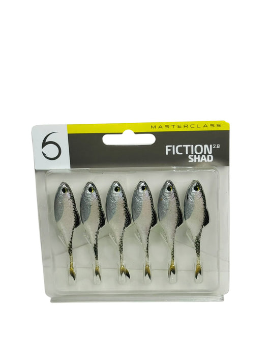 Pack of five realistic silver and black soft shad fishing lures in retail packaging