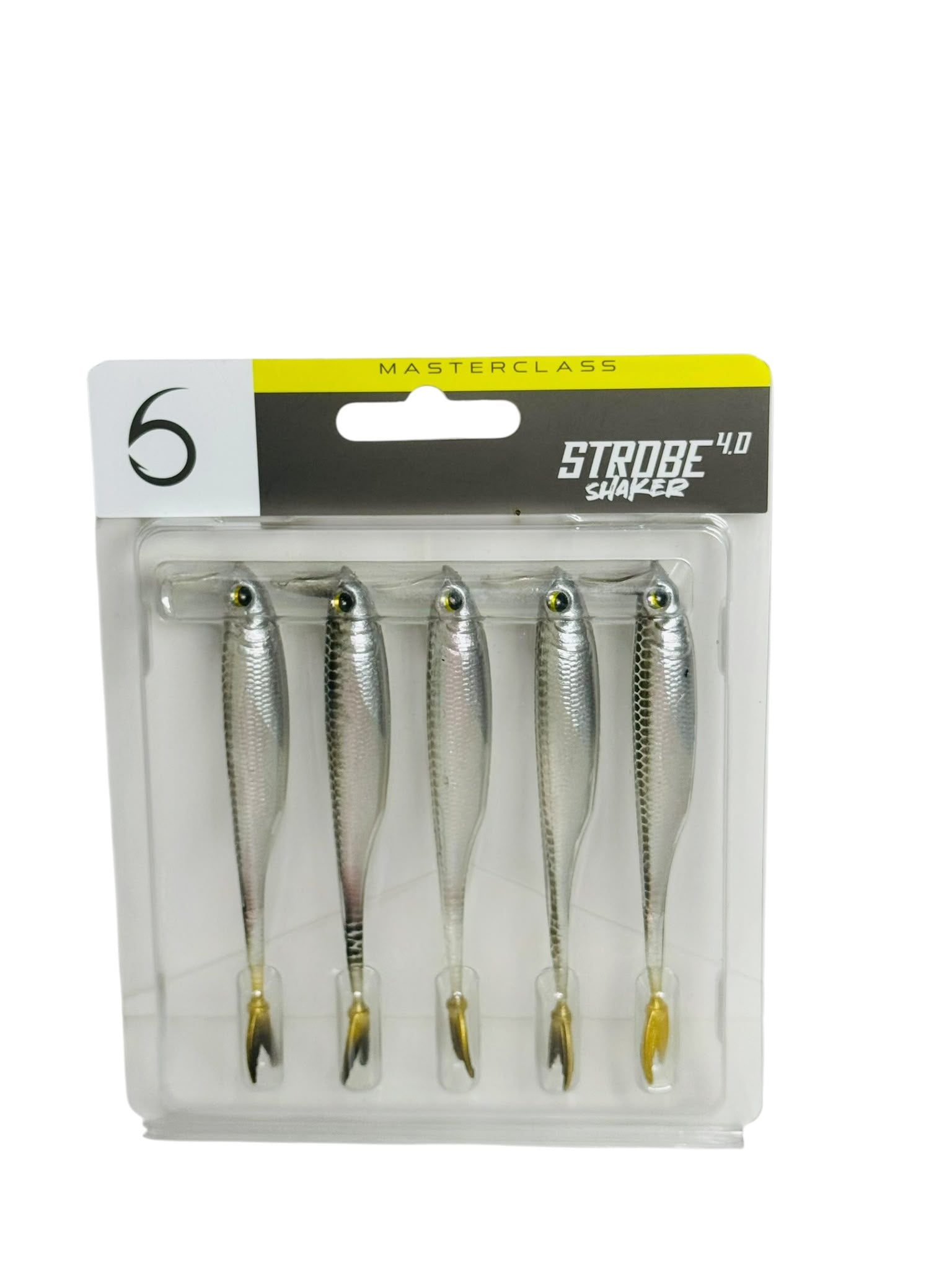 Pack of five silver Strobe Shaker 4.0 soft fishing lures in plastic packaging