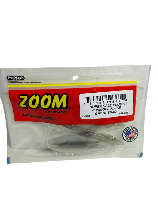 Zoom Super Salt Plus 4 inch Winged Fluke Ghost Shad fishing bait in retail packaging