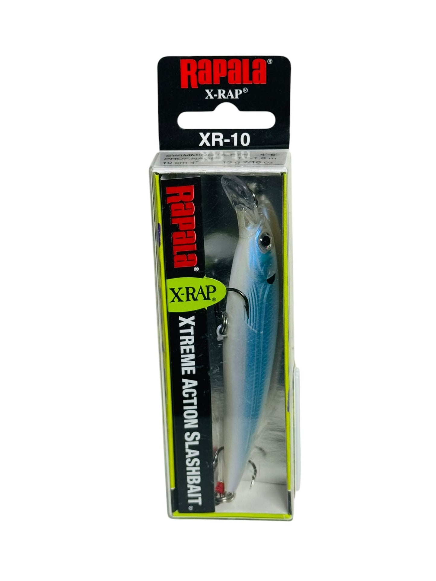 Rapala X-Rap XR-10 fishing lure in retail packaging displaying a blue and silver bait with treble hooks