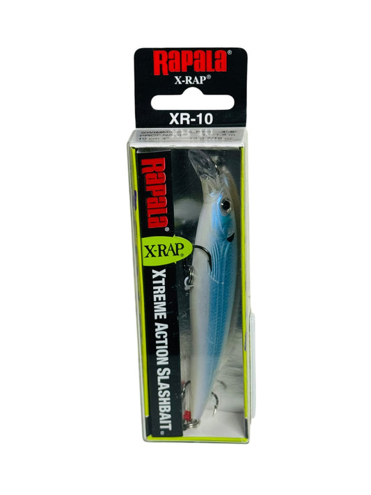 Rapala X-Rap XR-10 fishing lure in retail packaging displaying a blue and silver bait with treble hooks