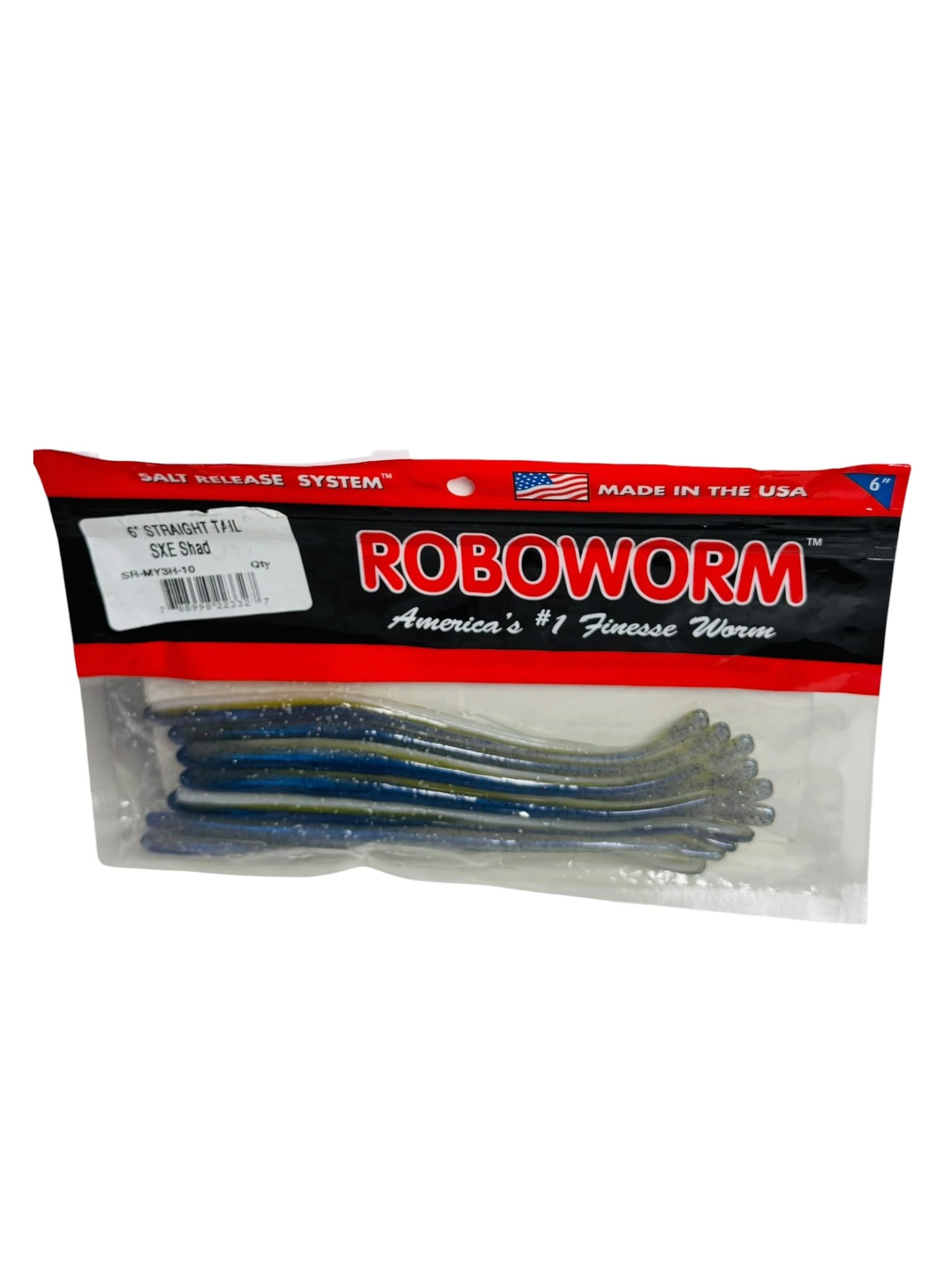 Roboworm 6 inch Straight Tail SXE Shad finesse fishing worms in retail packaging