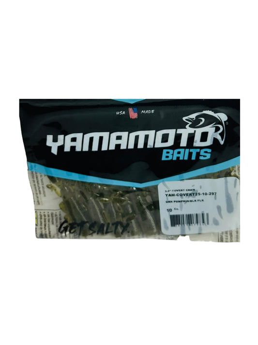 Front of a package of Yamamoto Baits Covert Craw soft fishing lures