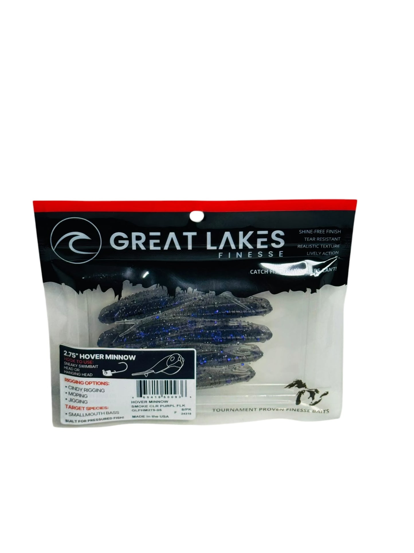 Package of Great Lakes Finesse Hover Minnow soft bait fishing lures in smoke glitter purple
