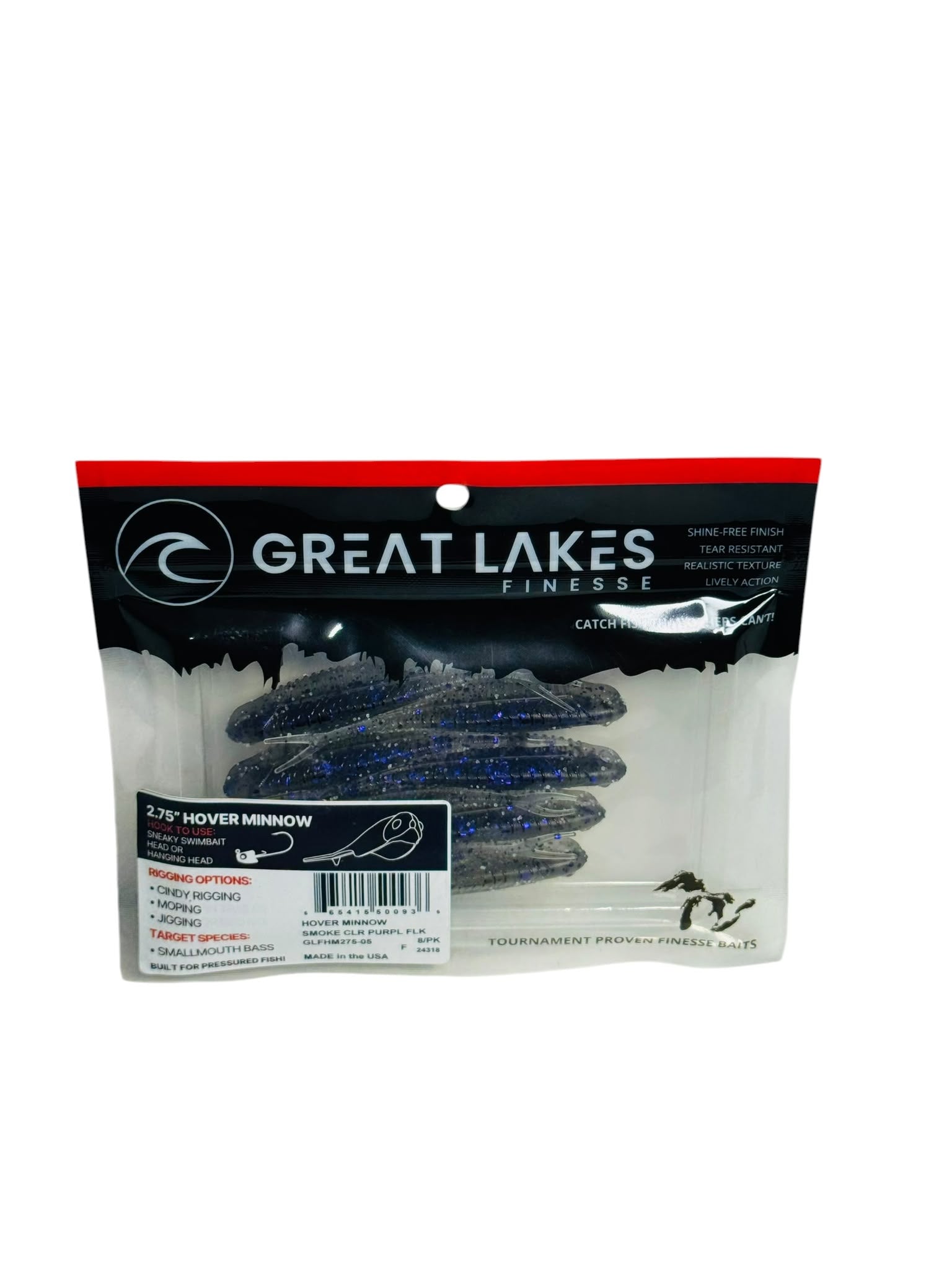 Package of Great Lakes Finesse Hover Minnow soft bait fishing lures in smoke glitter purple