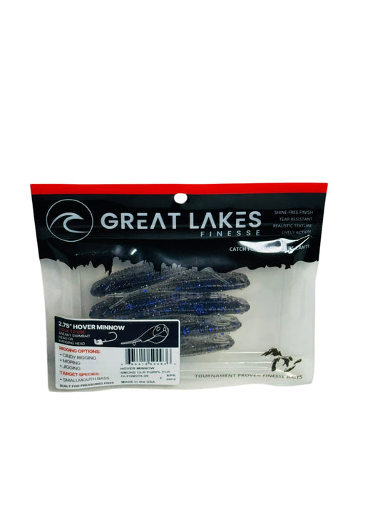 Package of Great Lakes Finesse Hover Minnow soft bait fishing lures in smoke glitter purple