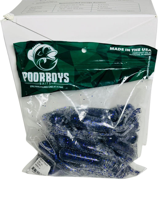 Bag of Poorboys Baits hand-poured blue glitter soft plastic fishing lures