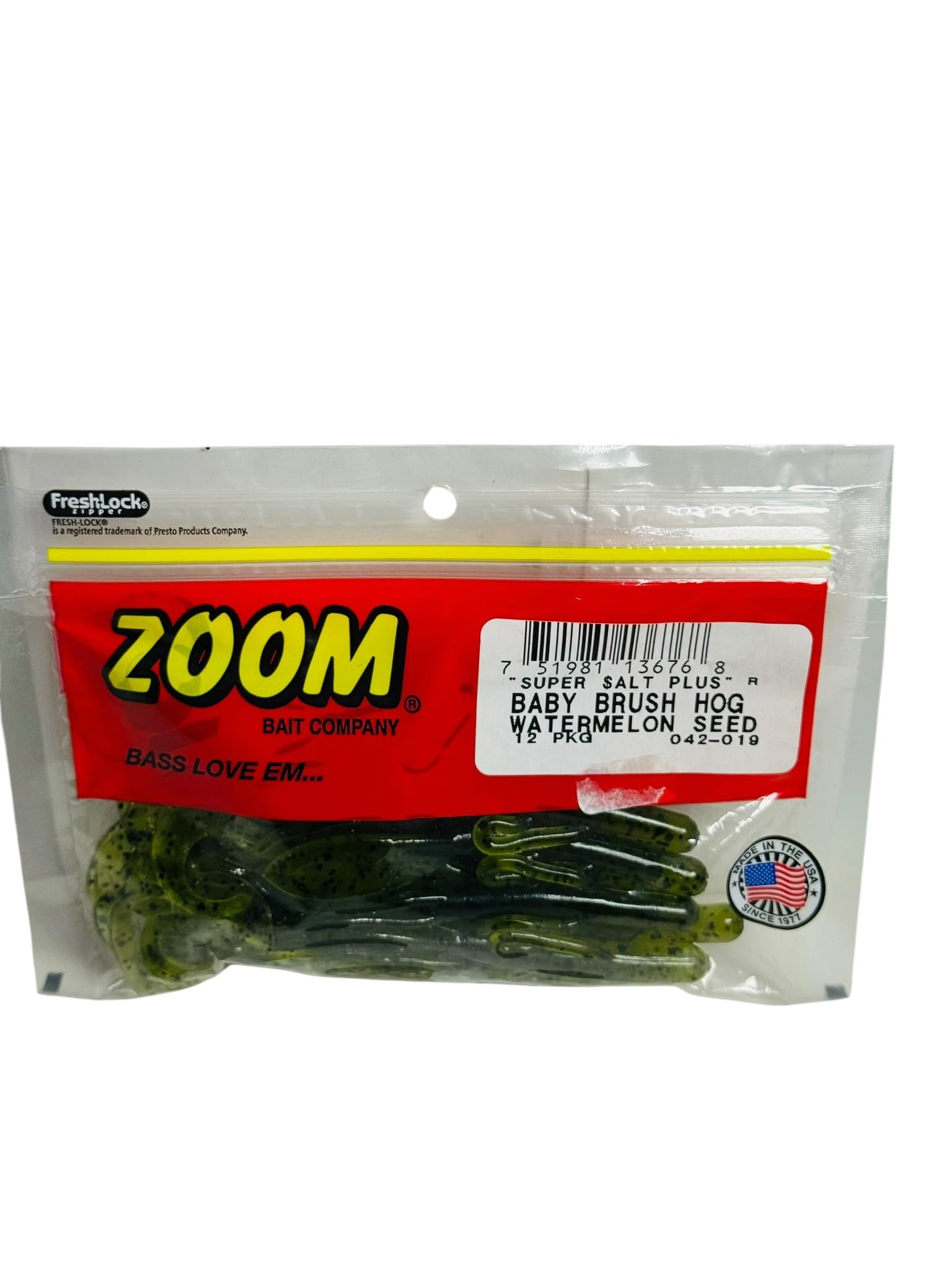 Package of Zoom Baby Brush Hog Watermelon Seed soft plastic bass fishing bait