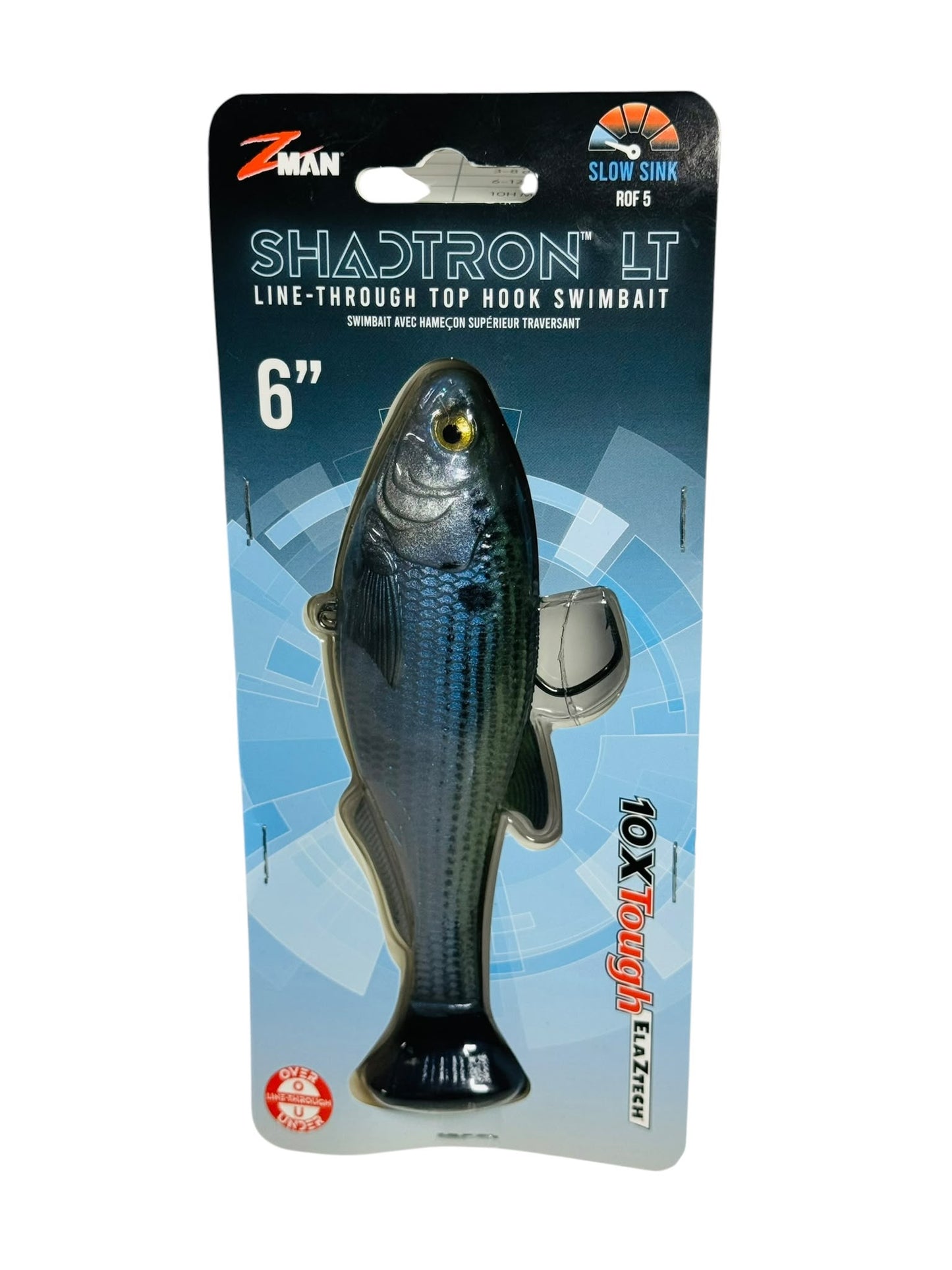 Z-Man ShadTron LT 6-inch line-through top hook swimbait in retail packaging