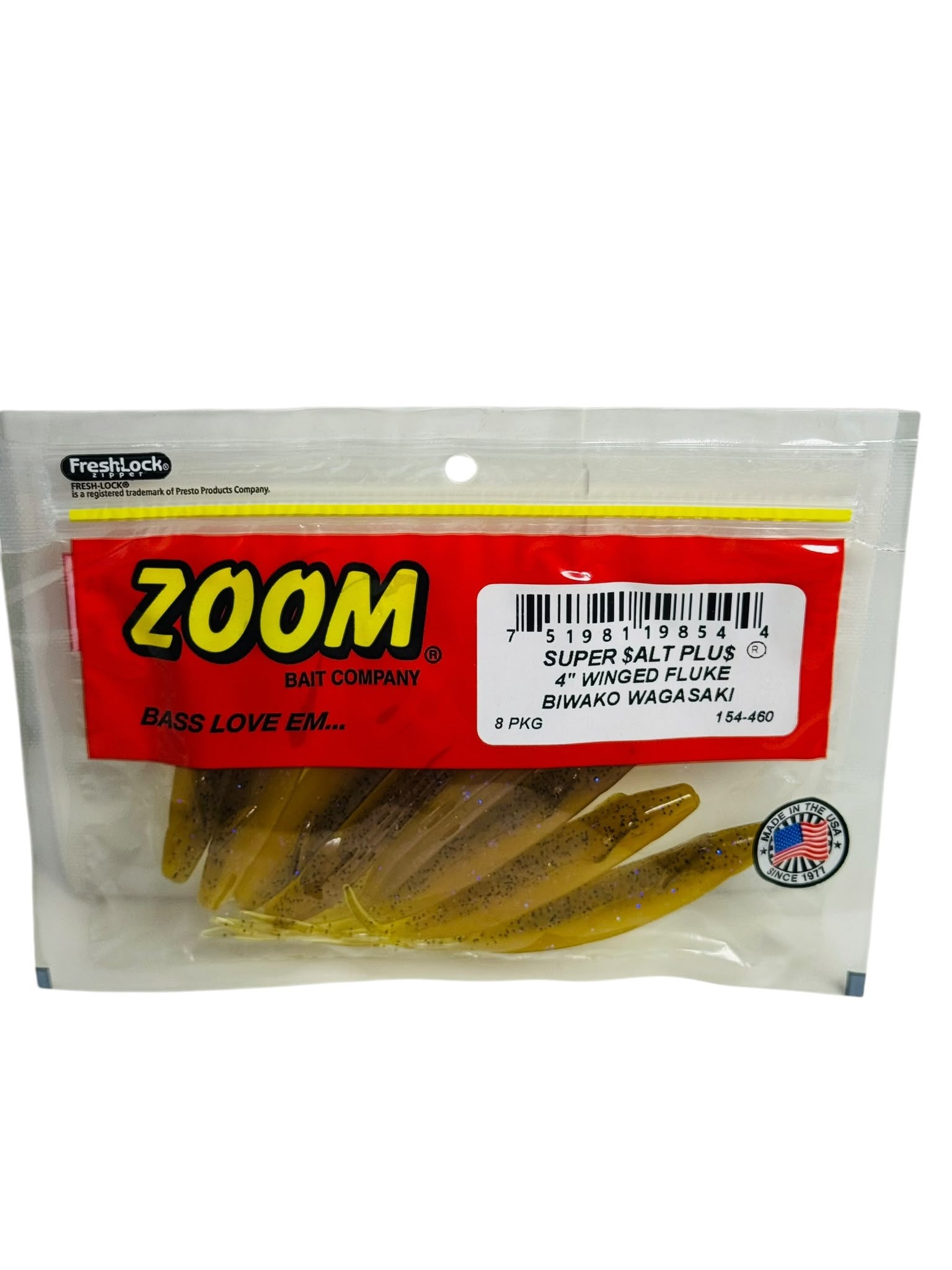 Package of Zoom Super Salt Plus 4-inch Winged Fluke fishing baits
