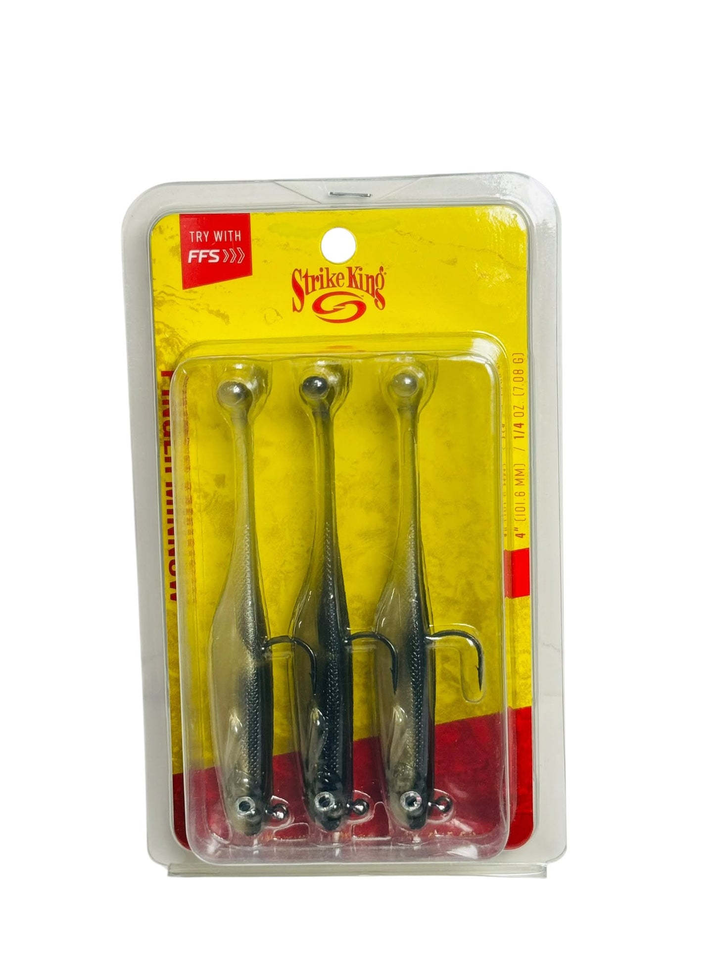 Pack of three Strike King soft plastic fishing lures in retail packaging