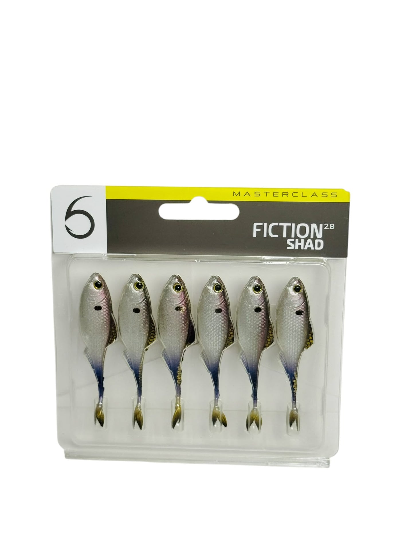Pack of five Fiction Shad soft fishing lures in clear retail packaging
