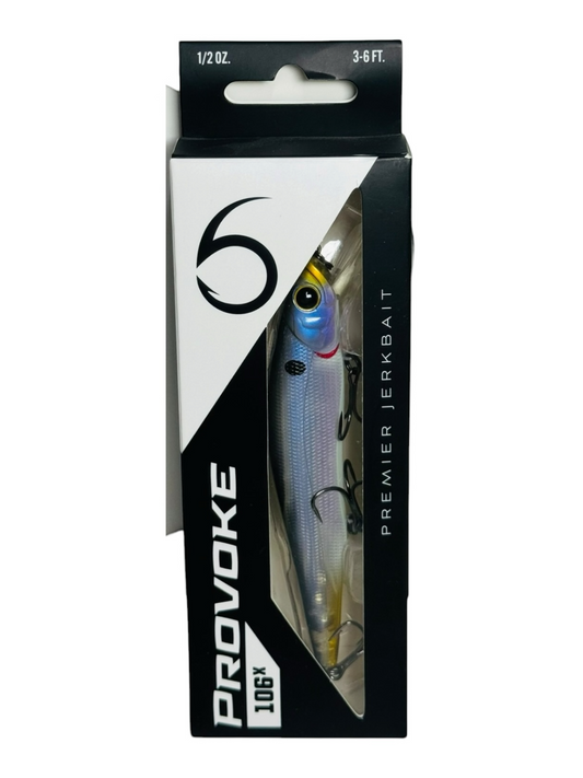 Señuelo de pesca Provoke 106x Premier Jerkbait de wesolditout, plateado con detalles iridiscentes y ojos 3D, 1/2 oz, 3-6 pies de profundidad.